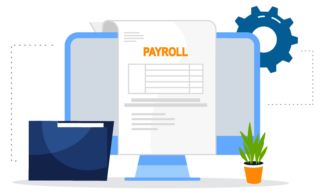 Computer desktop with payroll documents in front of screen with technology